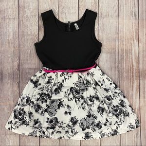 Beautees Girls Black & White Floral Belted Dress